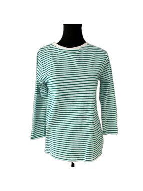 DUNNES STORES Green White Striped Cotton Blend 3/4 Sleeve T-Shirt Casual Basic